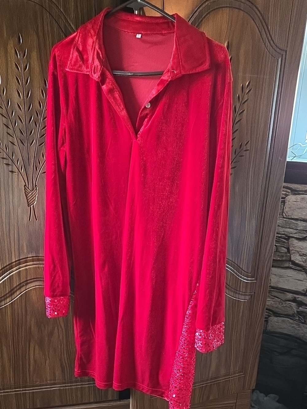 Red Velvet Long Sleeve Tunic with Sequin Trim